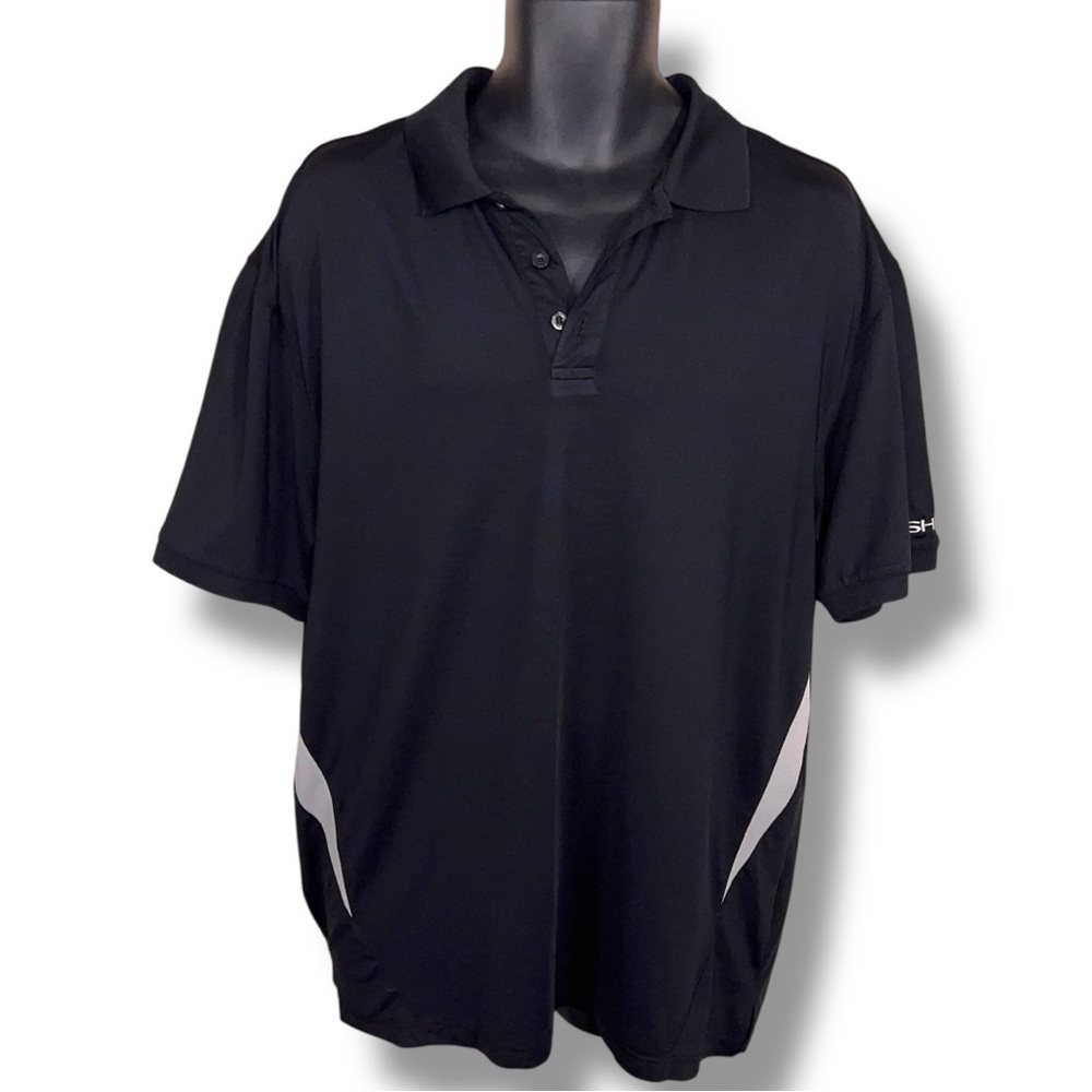 Large Vintage 90’s Era Mens Black Polo Shirt Sharp Brand Logo Short Sleeve